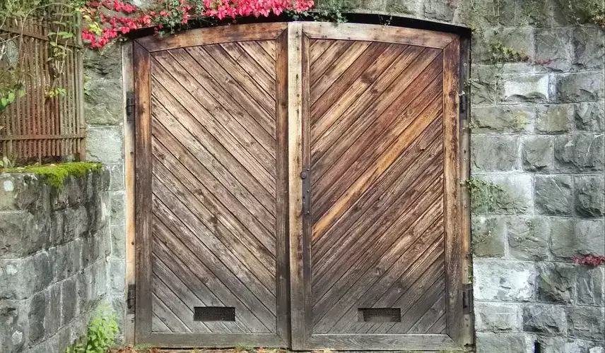 Dilapidated double wide garage door
